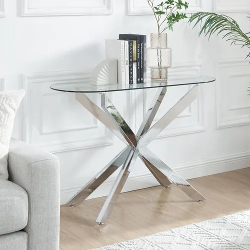 Vista 8 de Moderna mesa consola ovalada de vidrio, mesa de sofá estrecha para entrada, entrada, sala de estar, vestíbulo, pasillo, oficina, 45 pulgadas de Negro