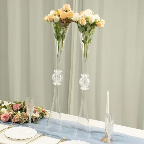Vista 2 de Efavormart - Juego de 2 centros de mesa de trompeta con adornos de cristal transparente de 31 pulgadas, jarrón reversible de plástico para flores