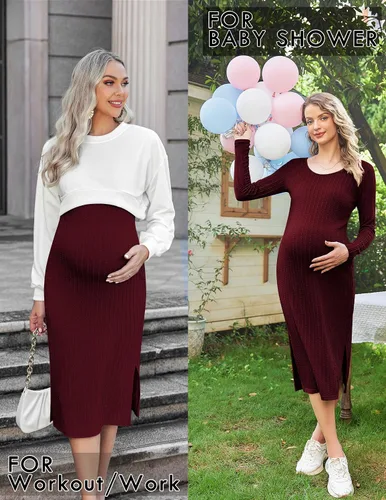Vista 5 de Ekouaer Maternity Dress Rib Knit Long Sleeve Side Slit Bodycon Dresses Pregnancy Baby Shower Clothes S-XXL