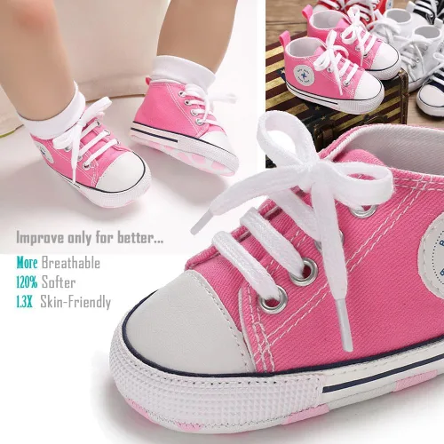 Vista 2 de Zapatos de lona para bebés recién nacidos, suela suave, para los primeros pasos, zapatos planos para niños pequeños, zapatos de mezclilla unisex
