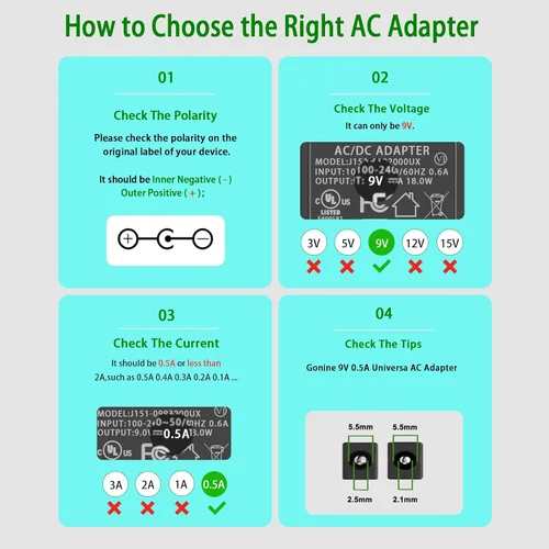 Vista 4 de Fuente de alimentación para pedal de guitarra Gonine, cable de alimentación de 9 V CC, punta central negativa. DC 9V Power Cord Compatible with DC