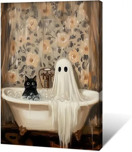 Vista 13 de Póster de dos lindos fantasmas en una biblioteca, arte de pared gótico espeluznante, decoración de Halloween, divertido estampado de fantasma