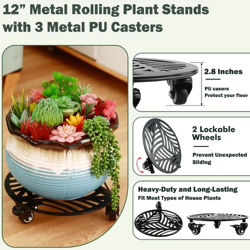Vista 2 de 1 paquete de 30 cm de gran organizador de plantas de metal con 3 ruedas de PU metálicas, soporte rodante para plantas con ruedas para interiores