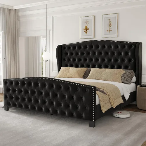 Vista 13 de LARMACE Base de cama tamaño Queen con tapizado de terciopelo, cama de plataforma con cabecera y pie de ala, base de cama con botones profundos