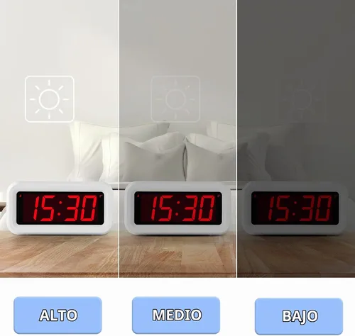 Vista 3 de Reloj despertador, reloj digital, modo nocturno automático, brillo LED de 3 niveles, funciona con pilas, 12/24 horas, pantalla de dígitos rojos