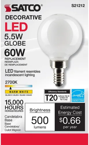 Vista 3 de Satco Bombilla LED E12 de 5.5 W, 2700 K, clasificación de 15000 horas, regulable