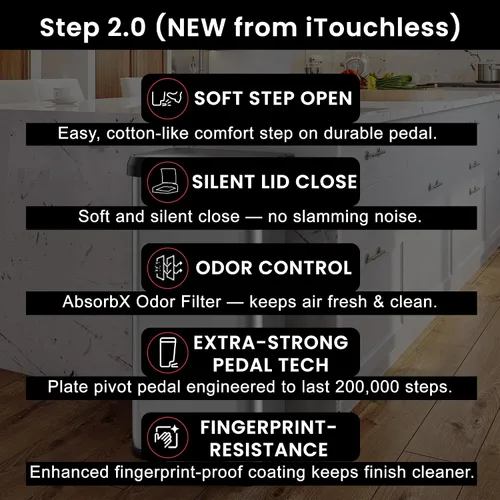 Vista 3 de iTouchless SoftStep 2.0 - Cubo de basura de cocina de 20 galones con absorbente de olores AbsorbX, cubo de basura grande de acero inoxidable