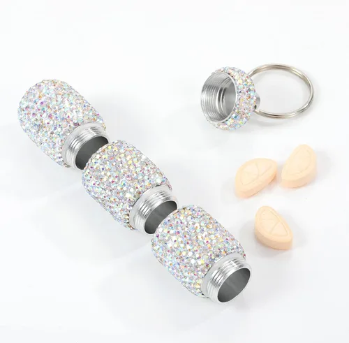 Vista 3 de Pastillero de viaje portátil con diamantes de imitación, impermeable, pequeño pastillero con llavero, bonita caja de almacenamiento de pastillas