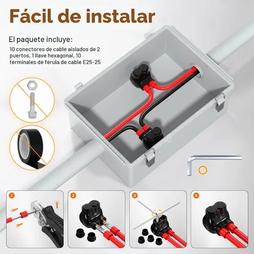 Vista 5 de Joinfworld Conector de Derivación Múltiple Aislado de 2 Puertos 2-14AWG Conectores de Cable de Aluminio a Cobre Conectores de Cable Eléctrico Negro