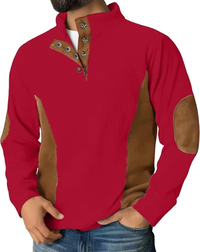 Vista 4 de Camisas de pana para hombre, con un cuarto de botón, estilo vintage, casual, a la moda, con parche en el codo