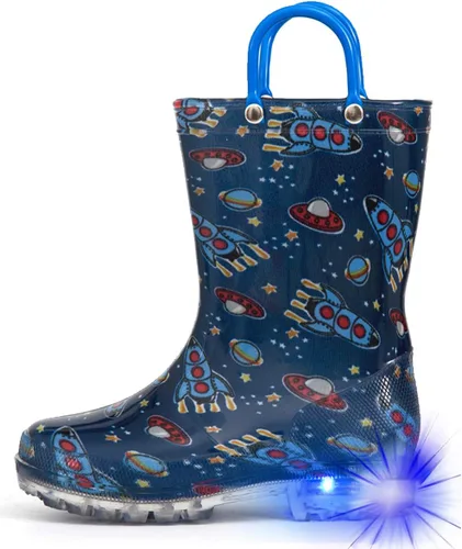 Vista 16 de HugRain - Botas de lluvia con luces para niños pequeños Cosmos Negro