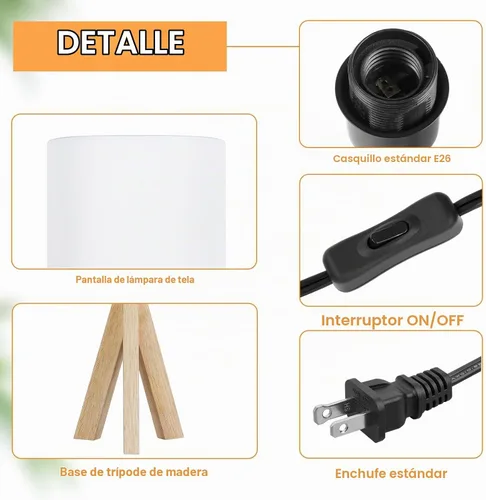 Vista 3 de Brightever - Lámpara de mesa pequeña con trípode de madera con pantalla de tela blanca, bonita mesita de noche bohemia minimalista lámpara