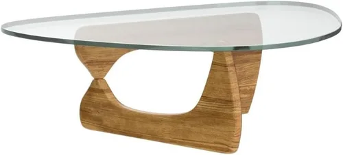 Vista 5 de Mesa auxiliar de cristal vintage triangular, mesa auxiliar de cristal con base de madera maciza y parte superior triangular de vidrio transparente