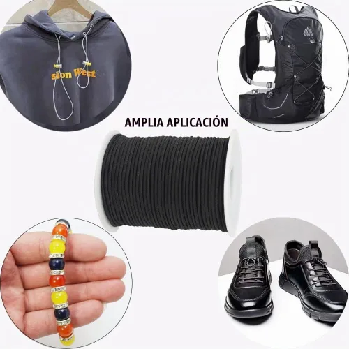 Vista 3 de Cordón elástico delgado negro de 2mm para hacer pulseras, cuerda elástica redonda de 129 pies, cordón para cuentas Pony, hilo elástico
