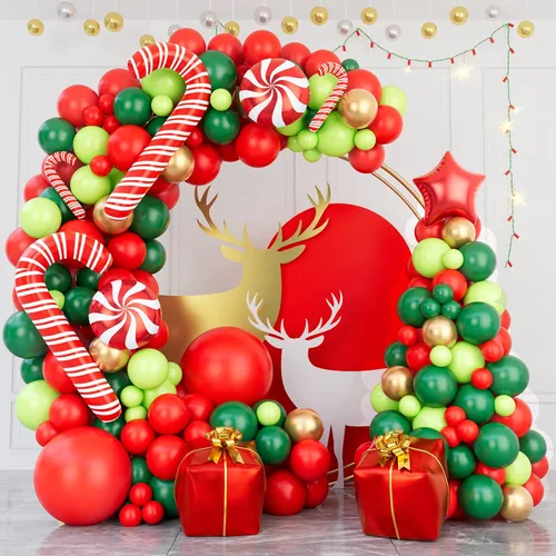 Vista 3 de Kit de arco de guirnalda de globos de Navidad de 144 piezas con globos de Navidad, rojo, dorado, verde fresco y verde oscuro, globos de caramelo
