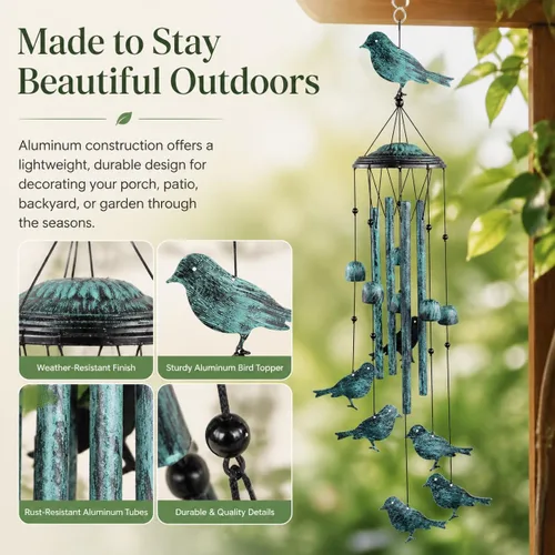 Vista 5 de Campanillas de viento de pájaros para exteriores, campanillas de viento para exteriores con 4 tubos grandes de aluminio y gancho en S - decoración