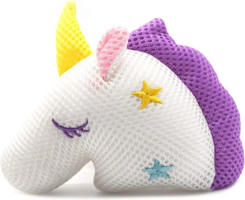 Vista 4 de Pelotas de baño con diseño de unicornio para niños y niñas, de malla, puf, esponja de baño exfoliante, limpiador corporal, accesorios de baño