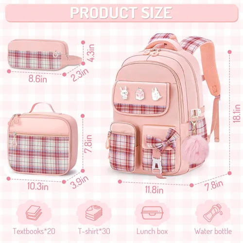 Vista 2 de Mochila infantil para niñas - Mochila para niñas para estudiantes de secundaria, Conjunto de mochila rosa