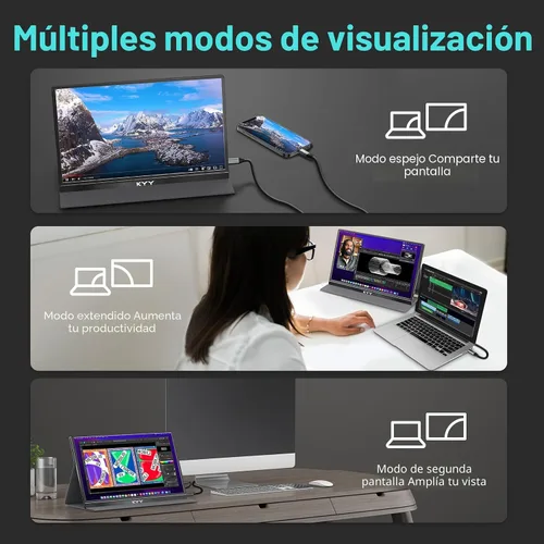 Vista 7 de KYY Monitor portátil de 15.6 pulgadas FHD 1080P USB C HDMI monitor de juegos ultra delgado pantalla IPS con cubierta inteligente y altavoces, Plug &