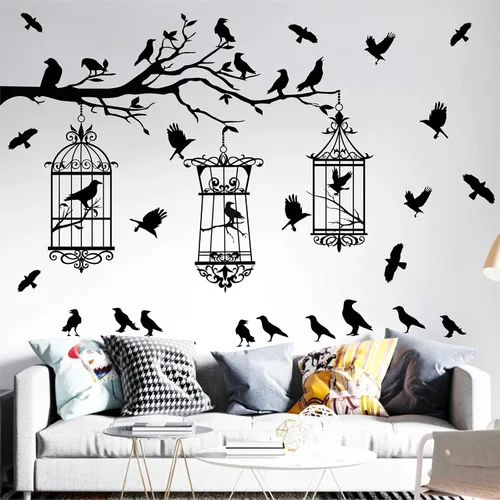 Vista 2 de Calcomanías de pared de ramas de árbol de Halloween, cuervo negro, pájaro, pájaro, pelar y pegar, calcomanías de cuervo para jaula de pájaro, Jaula