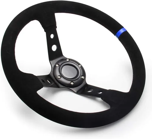 Vista 2 de 14" 350mm Volante de cuero de ante profundo, plato de 6 pernos para volante deportivo de carreras, botón de claxon de cuero azul con cable, llave