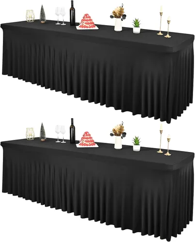 Vista 23 de 2 Packs Black Spandex Table Clothes for 6 Foot Rectangle Tables, Wrinkle Resistant Fitted Tables Cover, Washable Stretch Table Skirts for Weddings