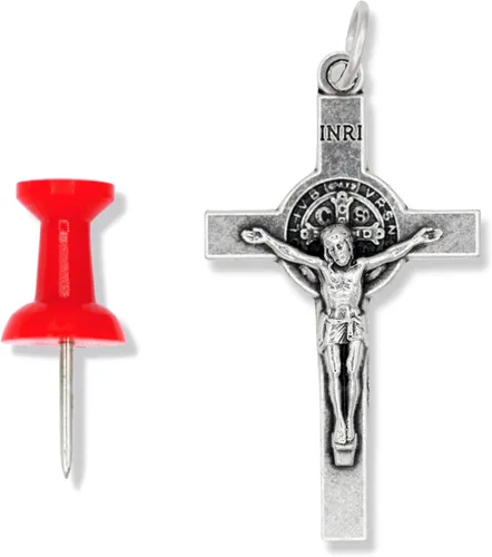 Vista 7 de Caritas et Fides Paquete de 10 crucifijos de San Benito (crucifijo de 1.5 pulgadas, plata oxidada) – Suministros para hacer rosarios a granel