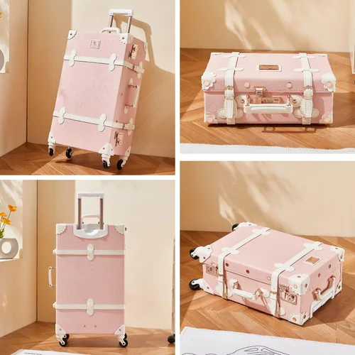 Vista 2 de Unitravel Juego de equipaje vintage de 3 piezas para mujer con cerradura TSA, Rosa en relieve.