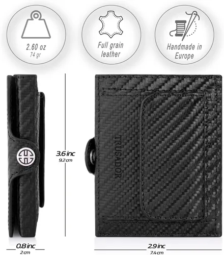Vista 2 de TRUSADOR Valencia Cartera de piel unisex pequeña compacta bolsillo frontal RFID con bolsillo monedero, Carbon, Con bolsillo para monedas
