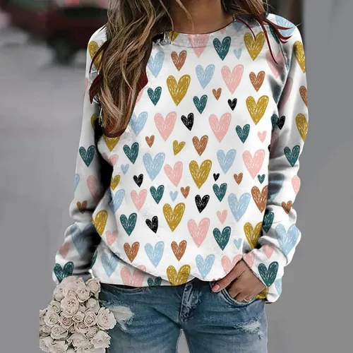 Vista 2 de Camisa de manga larga con estampado de corazones lindos para mujer, moda de San Valentín, cuello redondo, manga larga, ropa básica de primavera