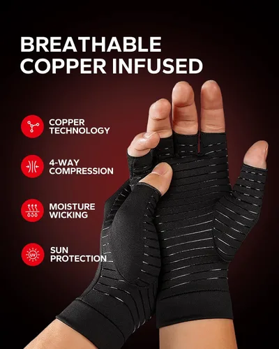 Vista 3 de BraceBull Guantes de artritis (1 par), guantes de compresión sin dedos con infusión de cobre, RSI y alivio del dolor de mano para mujeres y hombres