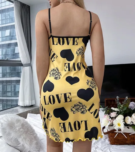 Vista 6 de EVELUST Camisón con estampado de corazón y letras para mujer, pijama casual sin mangas, con dobladillo con volantes, camisón suave