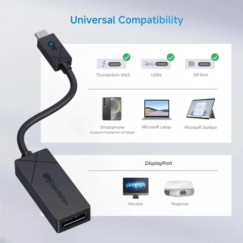 Vista 5 de Cable Matters [Diseñado para Microsoft Surface] Adaptador USB C a DisplayPort 1.4, soporta 4K @240 Hz, 8K @60 Hz, HDR, compatible con Surface