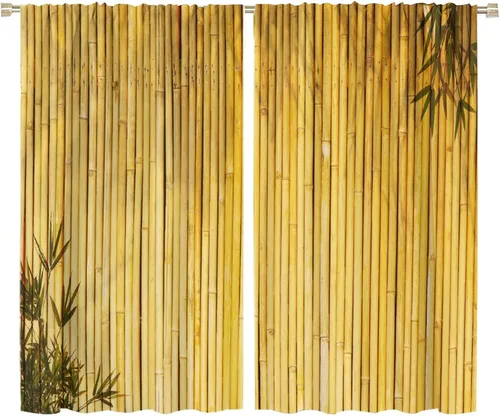 Vista 53 de Cortinas con estampado de bambú, tallos y hojas de bambú, temática oriental natural, oscurecimiento de habitación, ventana, ventana, cortina