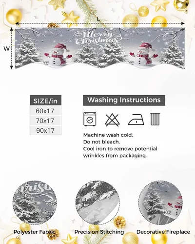 Vista 6 de Bufanda de Navidad gris para chimenea, muñeco de nieve gris para chimenea, decoración de mantel de Navidad con copo de nieve de invierno, cubierta