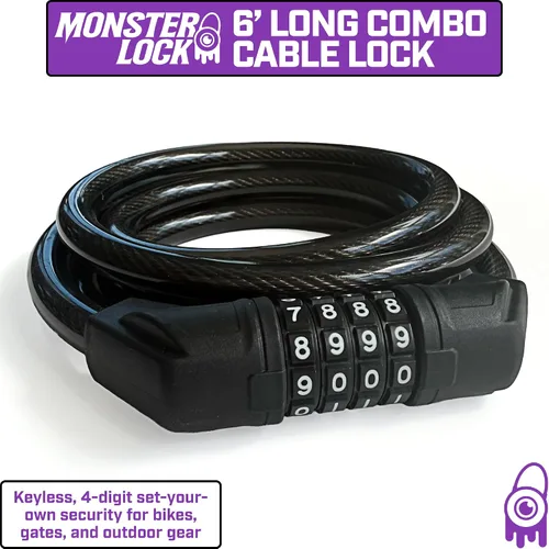 Vista 2 de Monster Lock - Candado de cable de combinación reajustable de 6 pies - Acero trenzado de 0.512 in, revestimiento de vinilo resistente a