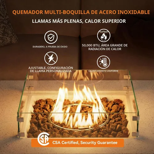 Vista 5 de COSIEST mesa cuadrada de propano para exteriores de arenisca con protector contra el viento, certificada, quemador de acero inoxidable de 50,000