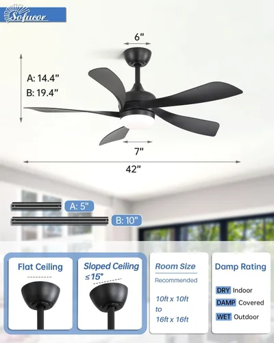 Vista 8 de Sofucor Ventilador de techo moderno de 42 pulgadas con luz para interiores Negro
