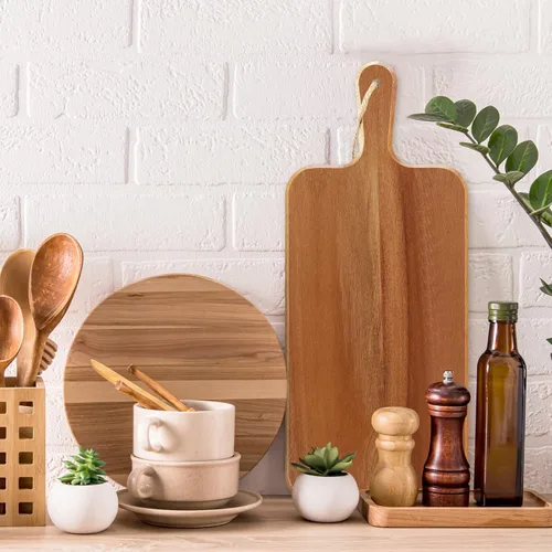 Vista 6 de Paquete de 6 tablas de cortar de madera de acacia con asa, tablas de cortar de madera grandes de madera para charcutería, tabla de cortar de madera
