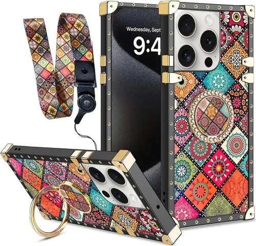 Vista 12 de nancheng Funda para iPhone 15, diseño de flor de mariposa azul, TPU suave, a prueba de golpes, con soporte de anillo y cordón a juego, elegante
