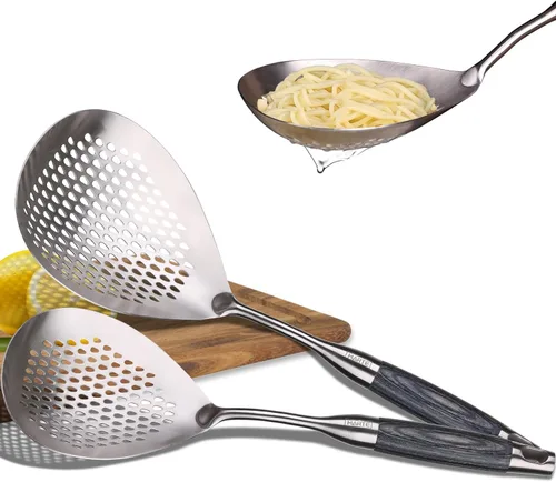 Vista 11 de Skimmer - Cuchara ranurada de acero inoxidable 304 de 16.5 pulgadas para pasta y araña, cuchara para cocinar y freír, cuchara coladora de metal