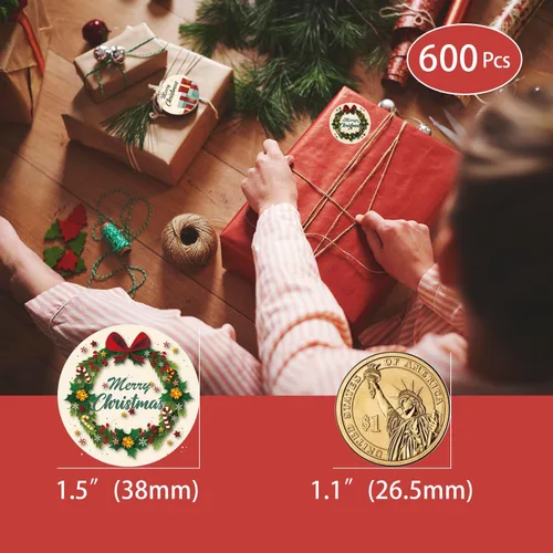 Vista 3 de 600 piezas de pegatinas para sobres de Navidad, pegatinas redondas de 3.8 cm de Navidad Feliz, 8 diseños de invierno de Navidad, pegatinas