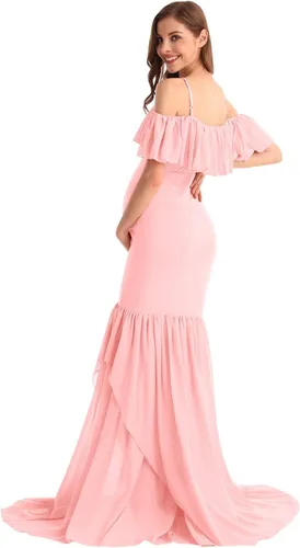 Vista 36 de MYRISAM Vestido de maternidad con volantes y hombros descubiertos para mujer, vestido de fiesta de sirena de gasa, vestido ajustado