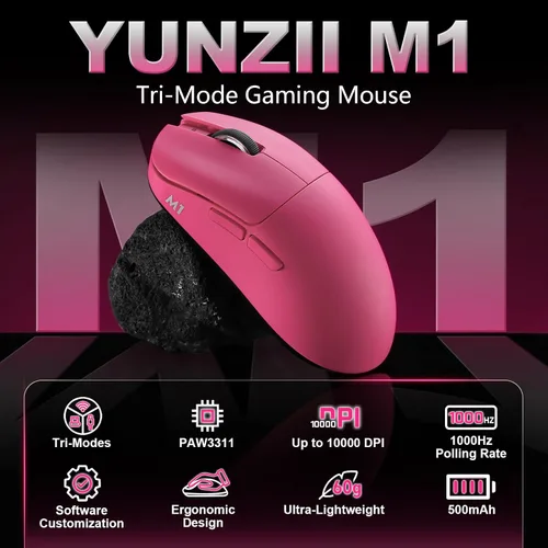 Vista 2 de YUNZII Ratón inalámbrico para juegos M1, mouse para juegos trimodo 2.4G/BT/cable, sensor PAW3311 10000 DPI recargable con 5 botones programables
