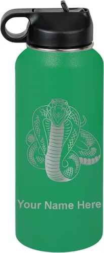 Vista 32 de LaserGram Botella de agua personalizada, serpiente de cobra, acero inoxidable de doble pared aislada al vacío con popote superior, regalo grabado