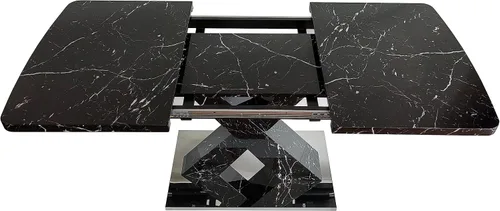Vista 4 de Mesa de comedor cuadrada moderna, de 47.24 a 62.99 pulgadas de largo, elástica, con estampado de mármol negro + patas de mesa en forma de X de MDF