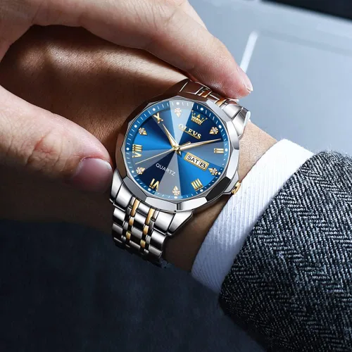 Vista 3 de OLEVS Relojes de pulsera analógicos de cuarzo con diamantes para hombre, con fecha, de dos tonos, de acero inoxidable, impermeables, luminosos