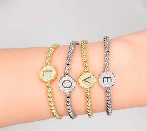 Vista 5 de by you - Pulseras con iniciales para mujer, 26 letras, cuentas redondas del alfabeto, acero inoxidable, oro y plata
