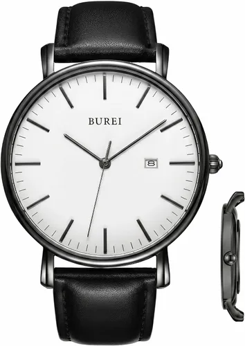 Vista 18 de BUREI Relojes de pulsera para hombre, relojes minimalistas de moda, analógicos de cuarzo, impermeables para hombres Banda negra negra