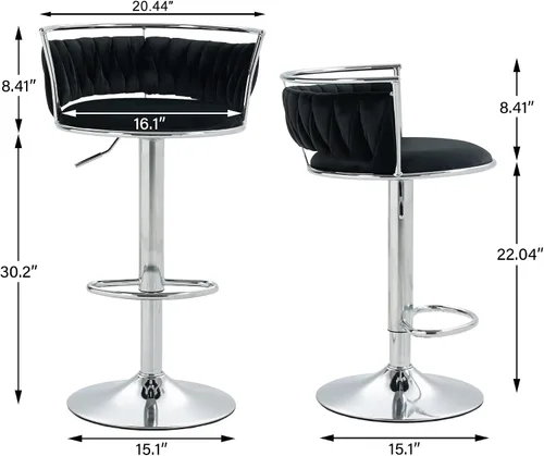 Vista 2 de Juego de 2 taburetes de bar giratorios de 360°, silla de bar de terciopelo ajustable a altura de mostrador moderna, taburete de metal plateado